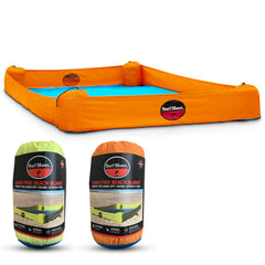 Surf Sheet front view showing orange blanket and upright sand guards for sand-free comfort