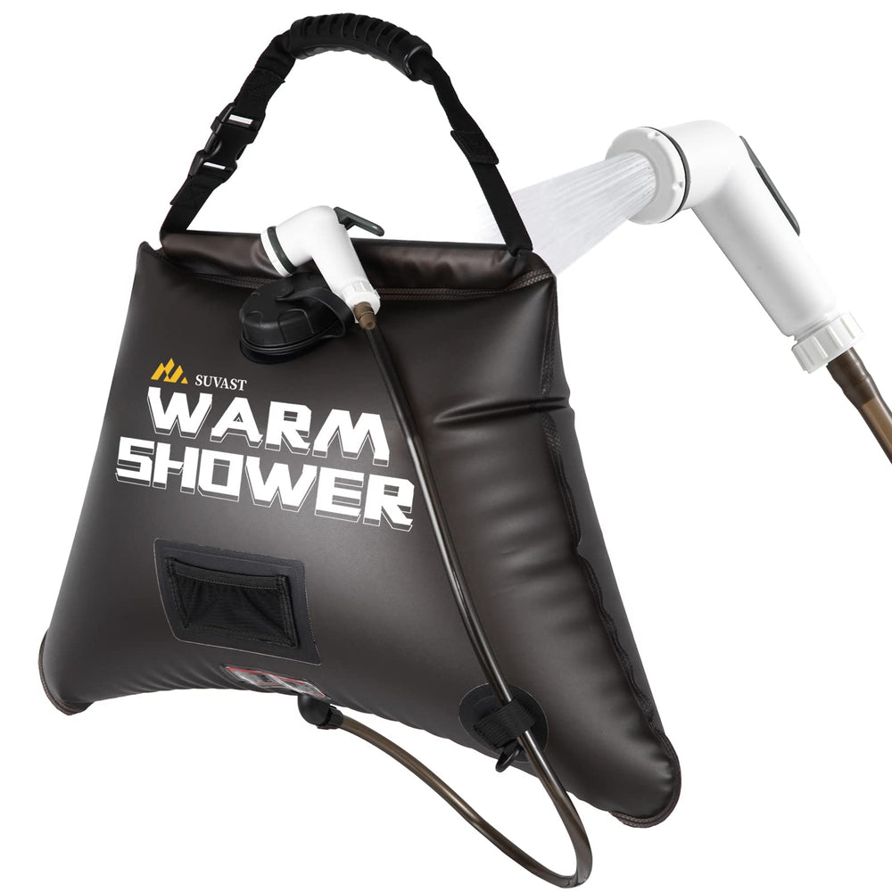 suvast outdoor shower bag front view showing capacity and black solar panel for fast heating
