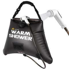 suvast outdoor shower bag front view showing capacity and black solar panel for fast heating