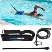 Swim Tether front pack shot showing compact travel kit and clear contents benefit