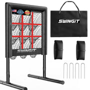 SwingIt front view pitching net showing full 9-pocket strike zone benefit accuracy