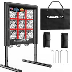 SwingIt front view pitching net showing full 9-pocket strike zone benefit accuracy