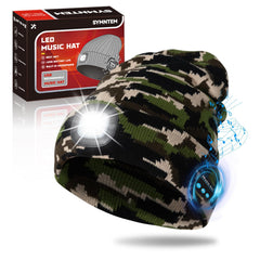 SYMNTEM beanie front view showing camouflage pattern and fit benefit warmth