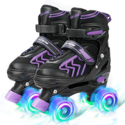 SZHZS front view of purple black skates showing sturdy shell and straps, safer learning