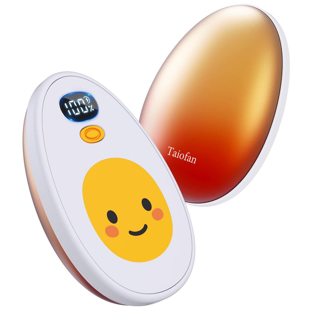 Taiofan front view showing egg-shaped warmer and packaging, easy-grip comfort benefit