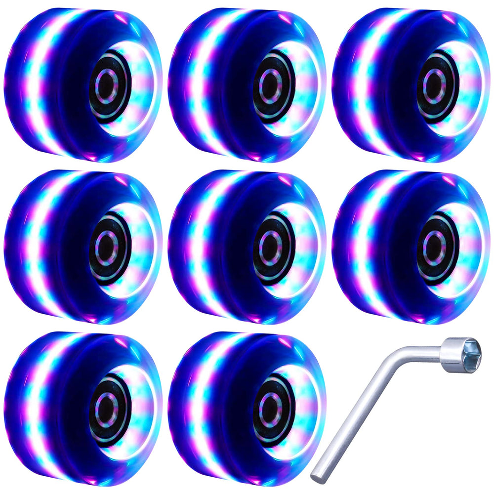 Tanzfrosch front pack view showing eight light-up wheels and included wrench for quick install