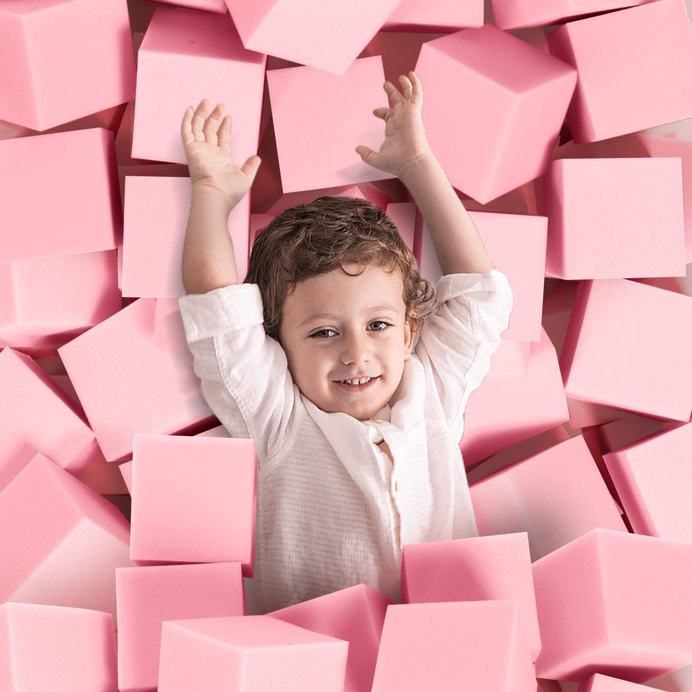 TAYUQEE front packaging of 24 pink foam pit cubes showing set benefit cushioning