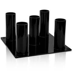 Tebery front view of barbell stand showing five vertical slots and neat storage benefit