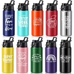 Teecyhooo front group view showing ten colorful bottles and motivational quotes, durable gift