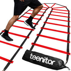 Teenitor front view packaged showing folded ladder and clear carry bag for easy transport
