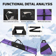 TENFLY ski bag folded end demonstrating adjustable length stability
