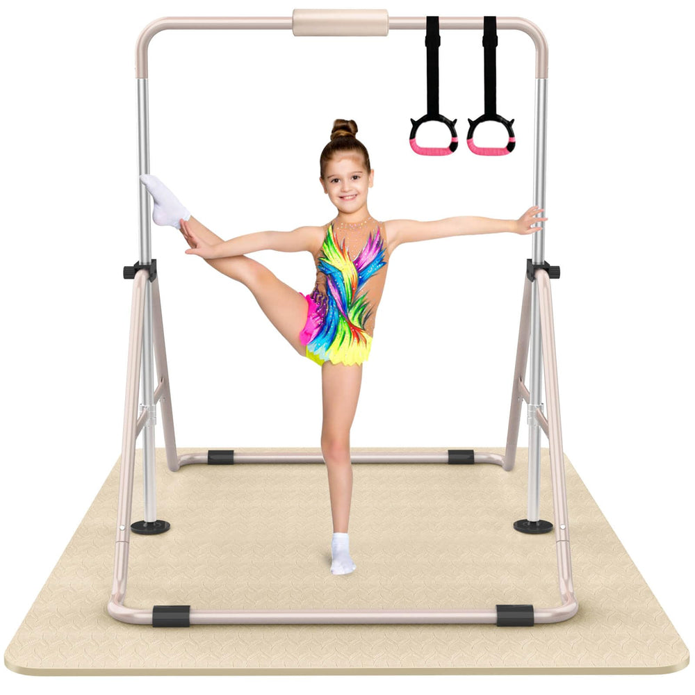 Tepemccu front view of full gymnastics bar setup showing stable frame and accessories