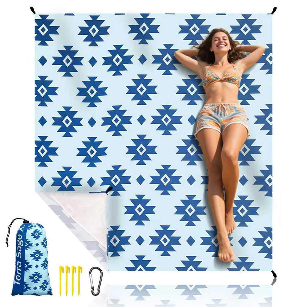 Terra Sage X front view of beach blanket showing pattern and full size benefit