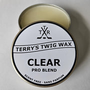 Terry's Twig Wax tin front showing clear pro blend and easy application benefit