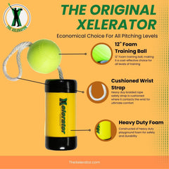 The Xelerator foam ball close-up highlighting 12-inch safe training surface
