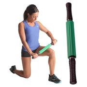 THERABAND roller massager front view showing full 21-inch stick and benefits