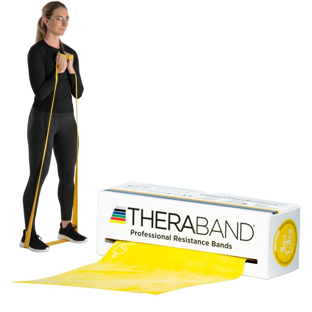 THERABAND yellow roll front view showing full 6-yard band and clear color coding for easy selection