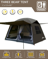 Three Bears tent interior with removable divider offering private and open living options