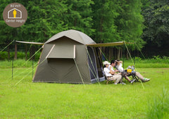 Three Bears tent side vestibule set up as awning providing extra shaded outdoor space
