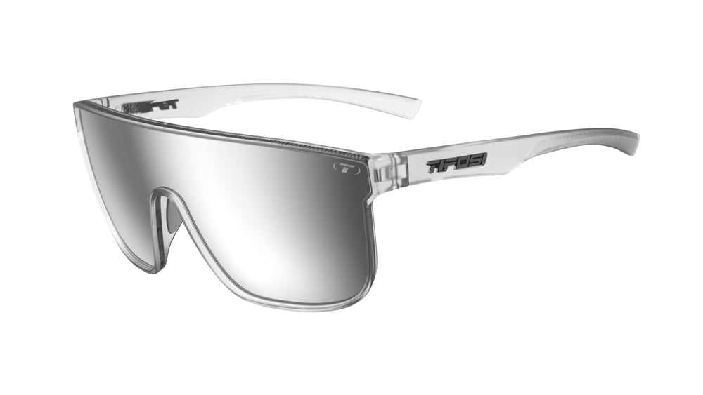 Tifosi Sanctum XL front view showing large satin clear frame and silver mirror lens for full coverage