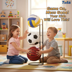 Tiita rack holding three different sports balls demonstrating mixed-sport organization benefit
