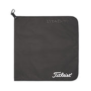Titleist black towel front view shows compact 20x20 size and sleek finish for durable cleaning