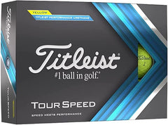 Titleist Tour Speed mint yellow 12-pack front view showing brand and bright visibility