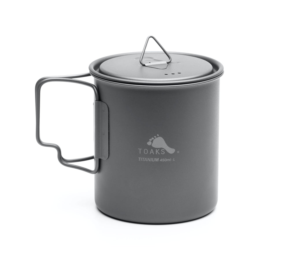 TOAKS front view showing sleek ultralight titanium cup and lid, durable travel benefit