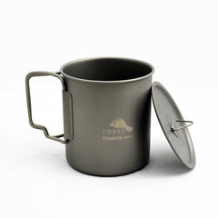 TOAKS titanium cup front view with lid showing durable design and packable benefit