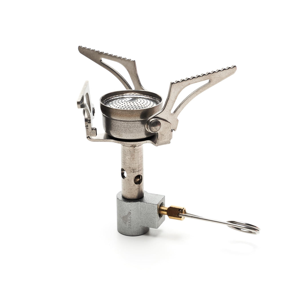 TOAKS titanium stove front view showing compact design and ultralight benefit