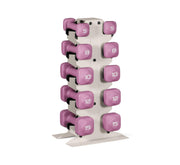 Tone Fitness front view of full dumbbell set and compact rack, keeps space tidy