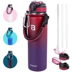TOPBADE front view showing bottle and dual lids for versatile hydration