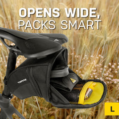 Topeak Aero Wedge Pack large QuickClick mount close-up demonstrating fast tool-free attachment