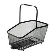 Topeak rear basket front view showing matte black finish and capacity benefit