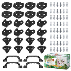 TOPNEW front view of 24 black climbing holds showing complete set benefit