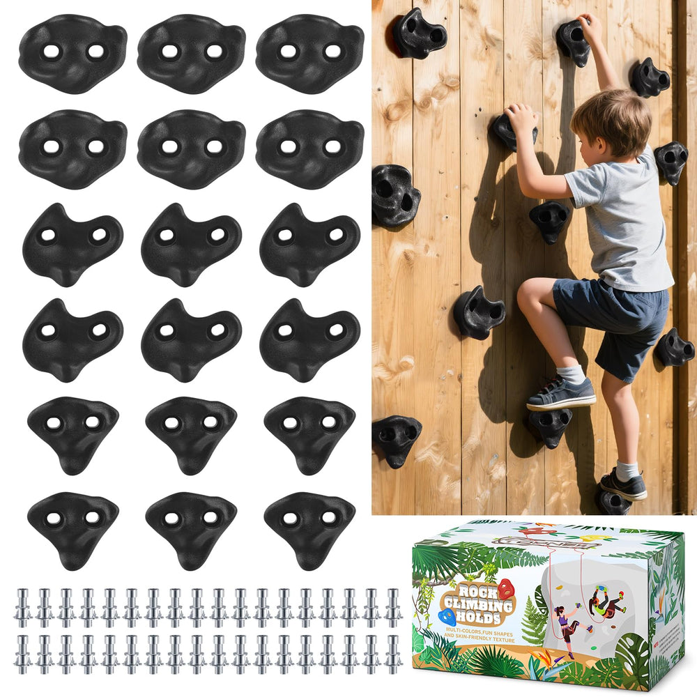 TOPNEW front view of black climbing holds kit showing all pieces and hardware