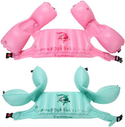 Topsung front view of inflatable swim vest showing secure fit and bright colors for visibility