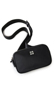 Tory Burch front view of black belt bag showing logo and polished hardware benefit of polished look