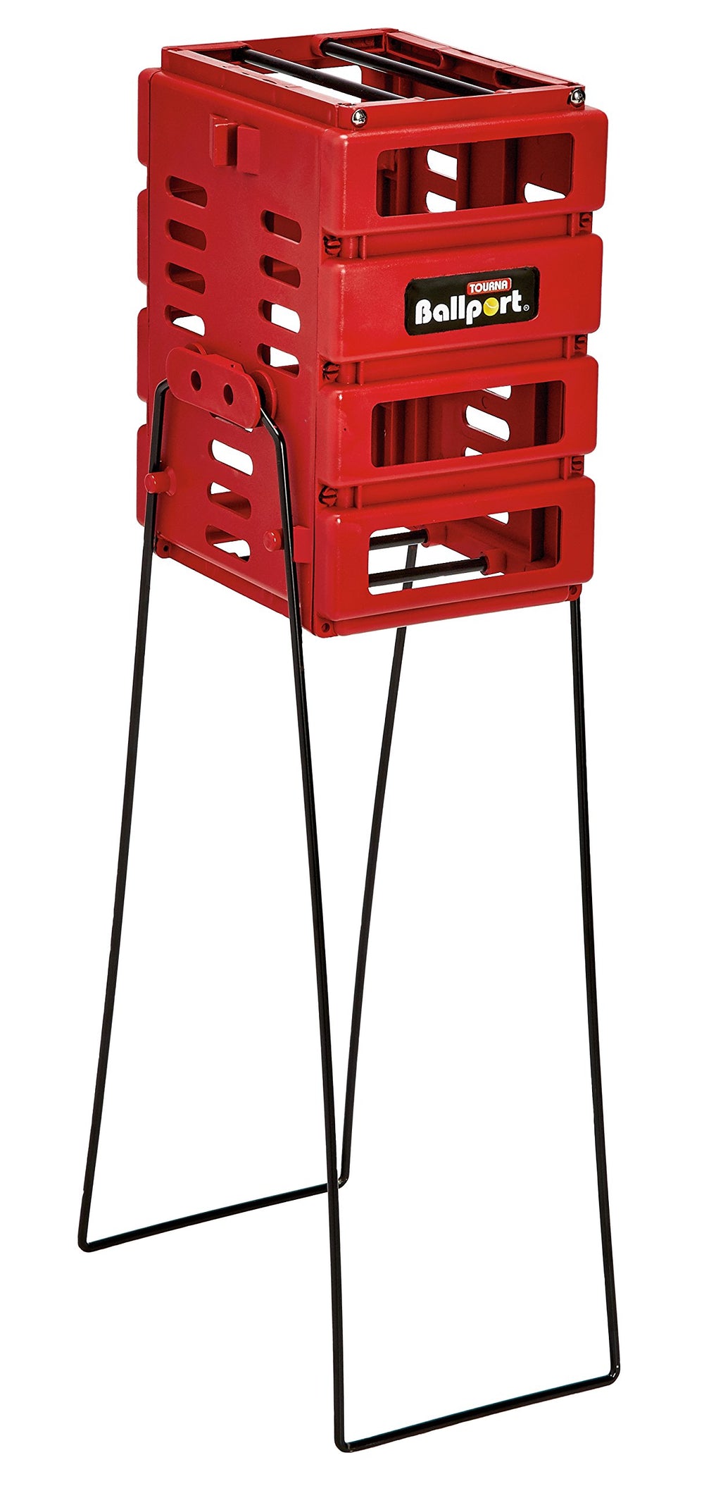 Tourna mini ballport front view showing compact red hopper and capacity benefit