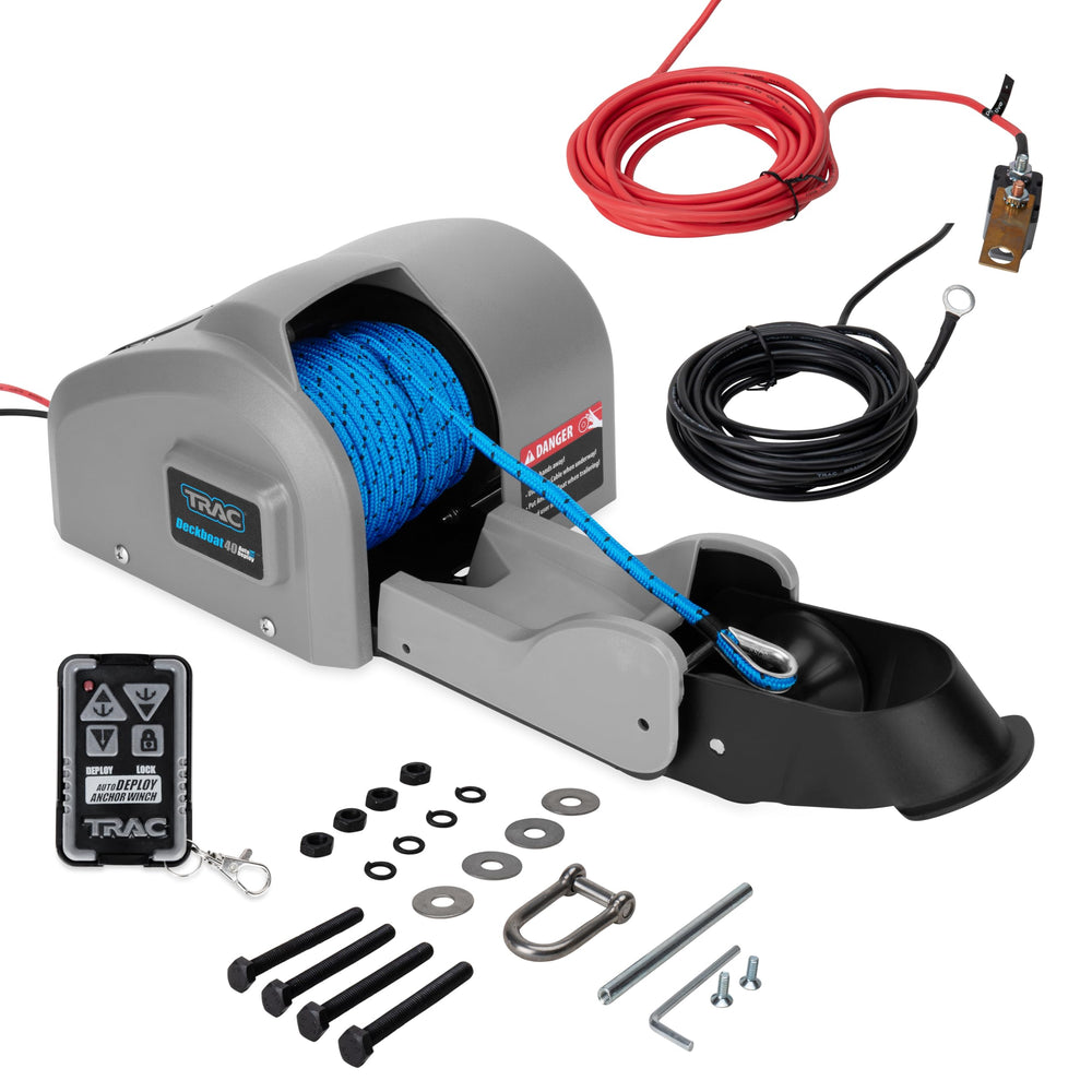 Trac front view of Deckboat 40 winch showing mounting points and compact profile for easy fit