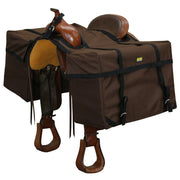 TrailMax front view of brown saddle panniers showing capacity and fit