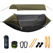 Travel Bird front overview showing full hammock tent and sunshade, comfortable shelter