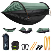 Travel Bird packaged hammock tent showing compact kit and included accessories benefit portability