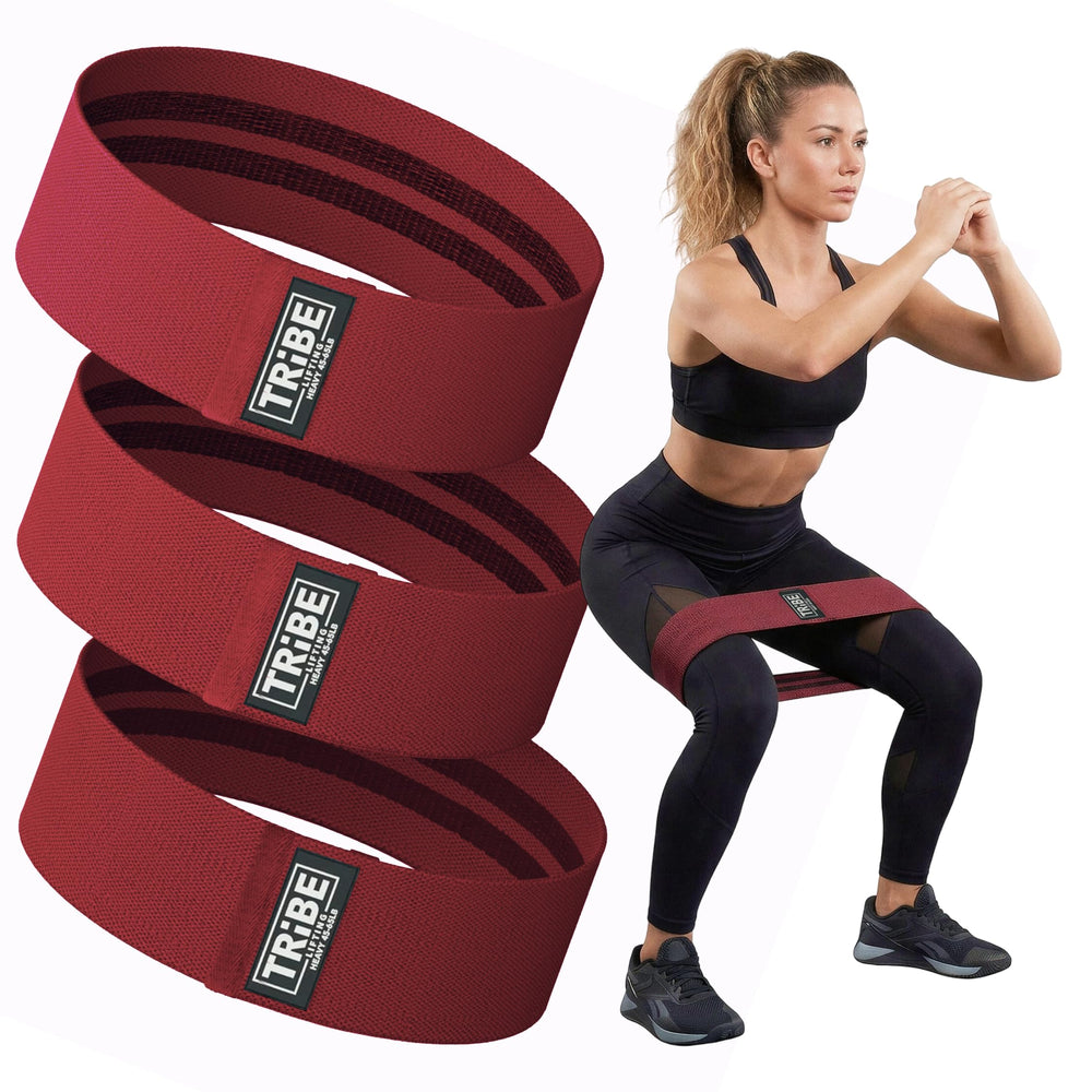 Tribe Lifting front packaging showing three color-coded fabric resistance bands and compact travel-ready design