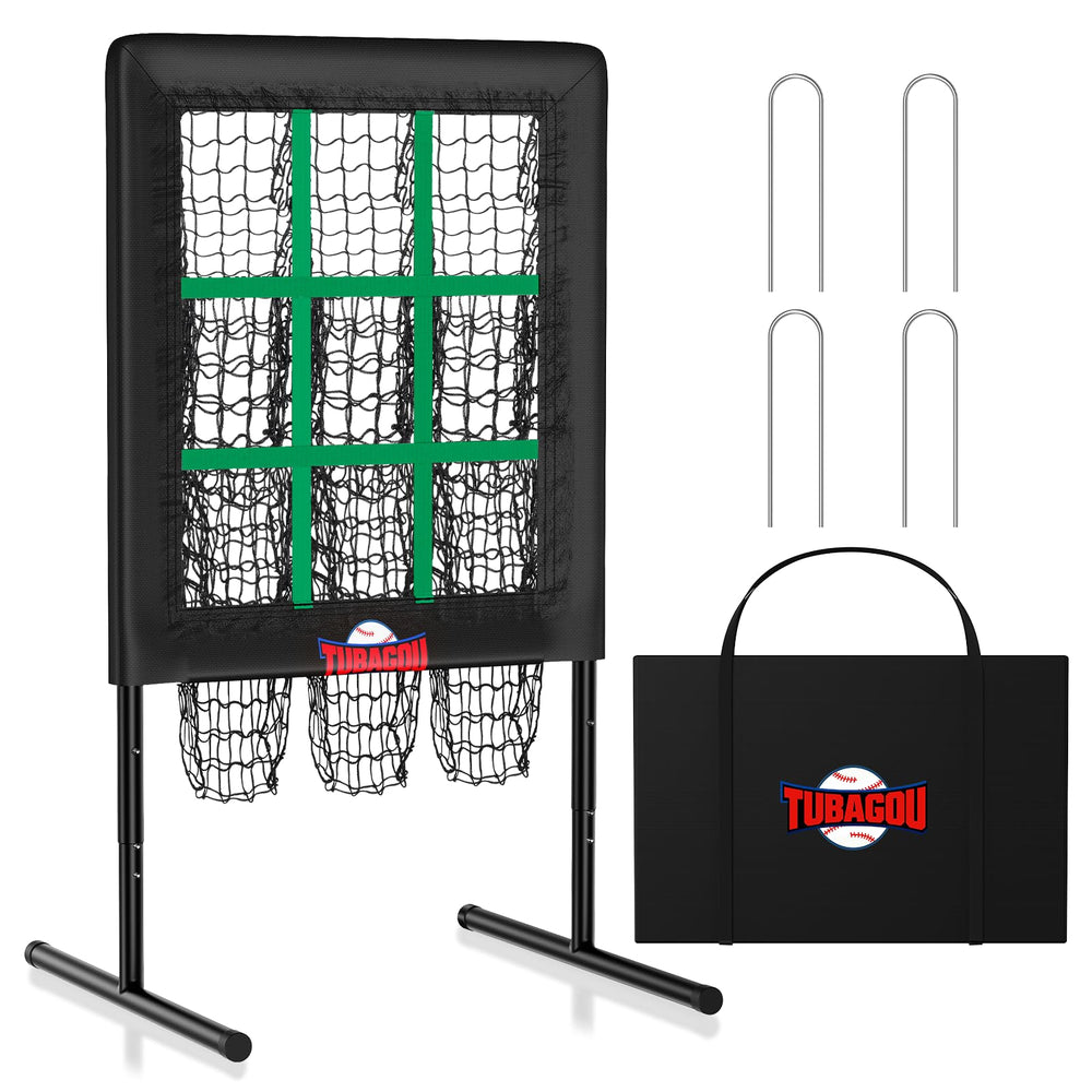TUBAGOU front view pitching net showing nine target pockets and strike zone benefit accuracy