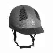 TuffRider helmet front view showing carbon fiber print and secure fit benefit