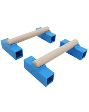 Tumbl Trak front view of blue portable parallettes showing compact design and portability