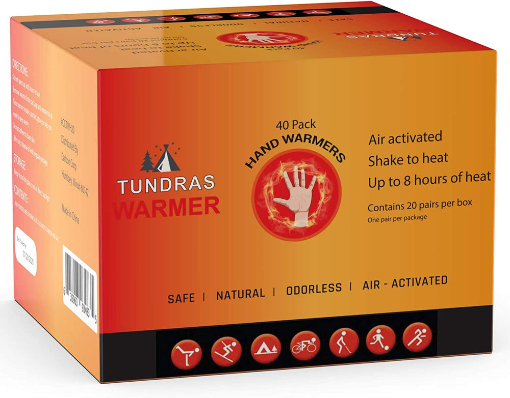 Tundras front packaging showing 160 warmers and brand for bulk convenience