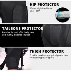 TUOYR rear protection layout highlighting hip, thigh, butt and tailbone pads