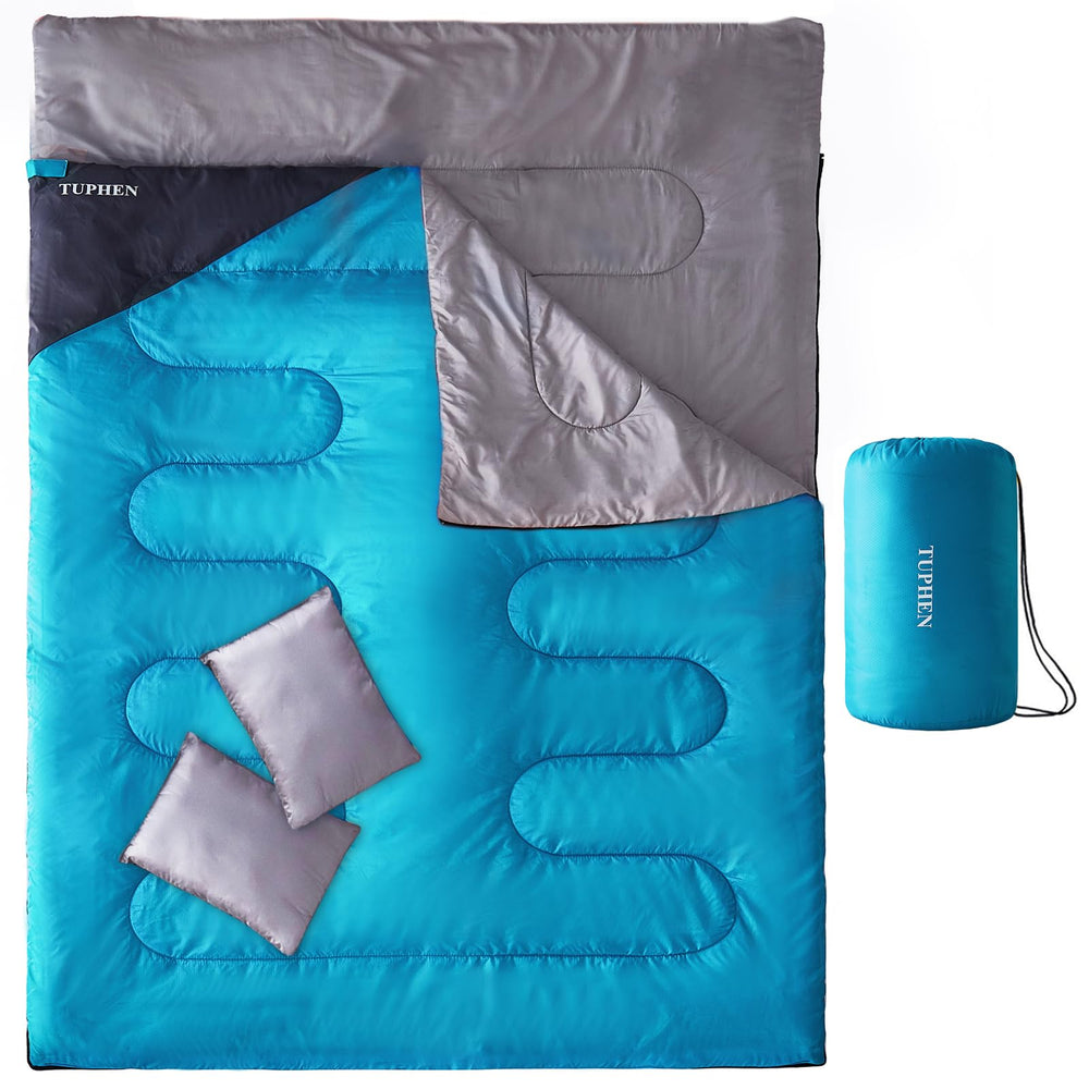 tuphen front view of double sleeping bag showing full-length zipper and roomy design for couples